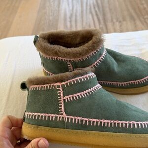 Anthropologie NWT Nyuki Low Pink crochet Green Suede Laidback London Ankle Boot